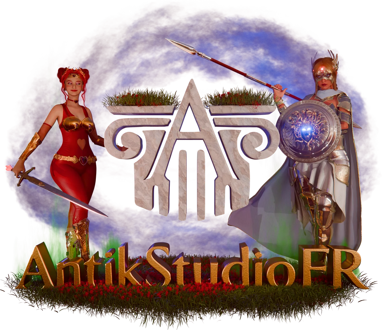 Logo Antik Studio FR : le lancer et le chevalier du studio encadrant le monogramme, signature AntikStudioFR en or.